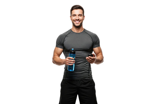 Fit and smiling personal trainer holding a water bottle and a stopwatch.