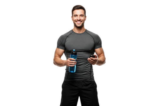 Fit and smiling personal trainer holding a water bottle and a stopwatch. - Powered by Adobe