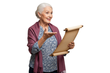 Expressive senior woman or storyteller gesturing while reading from an old scroll.