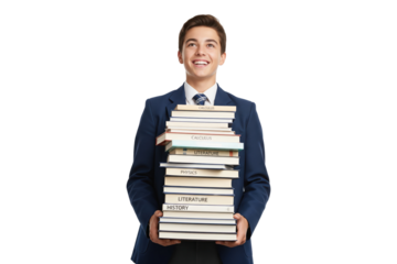Happy high school student in uniform holding a heavy stack of textbooks.