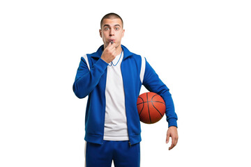 Young basketball coach or referee in a tracksuit blowing a whistle.
