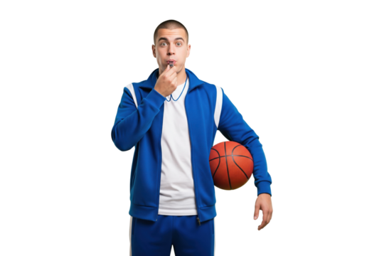 Young basketball coach or referee in a tracksuit blowing a whistle.