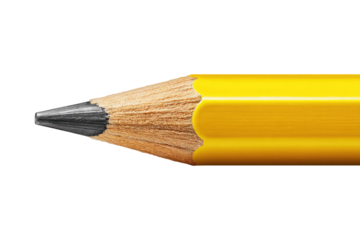Close-up of a sharpened yellow pencil's tip.  The graphite lead is dark gray,  and the wood is light brown
