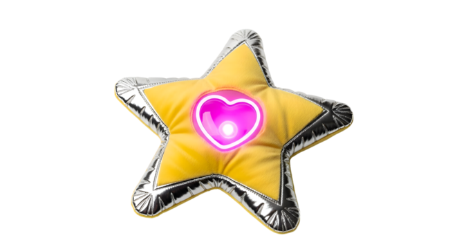 Bright yellow star plush with glowing pink heart center and silver trim