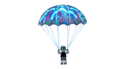 Futuristic astronaut lands safely via glowing circuit board parachute, embracing innovation and adventure.