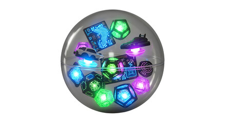Futuristic sphere showcases glowing tech, cars, and circuit boards, sparking imagination and innovation.