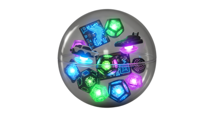 Futuristic sphere showcases glowing tech, cars, and circuit boards, sparking imagination and innovation.