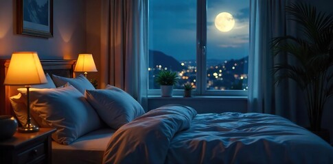 Serene bedroom scene at night, soft glow from moonlit window, comfortable bed with plush pillows and blankets, peaceful atmosphere ideal for relaxation and sleep , blankets, comfort, restful