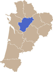 Fototapeta premium Illustration carte de la région Nouvelle-Aquitaine avec département Charente mis en lumière