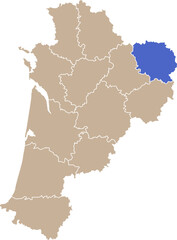 Illustration carte de la r&eacute;gion Nouvelle-Aquitaine avec d&eacute;partement Creuse mis en lumi&egrave;re