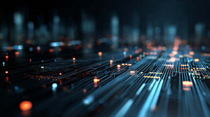 A futuristic digital circuit board glowing with blue and orange lights, symbolizing advanced technology, artificial intelligence, and data networks in a high-tech environment.