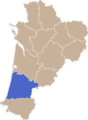 Obraz premium Illustration carte de la région Nouvelle-Aquitaine avec département Landes mis en lumière