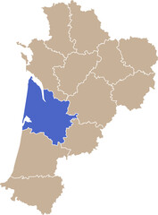 Illustration carte de la région Nouvelle-Aquitaine avec département Gironde mis en lumière
