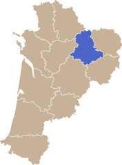 Illustration carte de la région Nouvelle-Aquitaine avec département Haute-Vienne mis en lumière