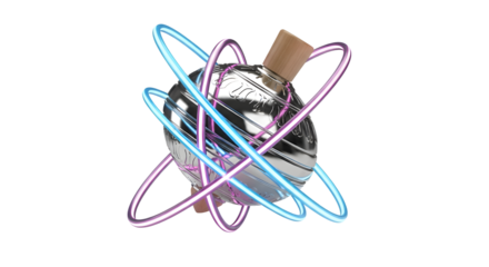 Futuristic metallic sphere with glowing neon orbits captures innovation, technology, and dynamic motion