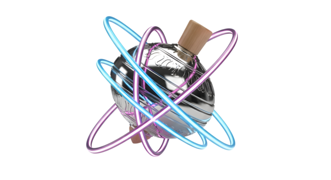 Futuristic metallic sphere with glowing neon orbits captures innovation, technology, and dynamic motion