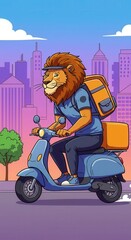 Obraz premium A lion-shaped delivery person rides a scooter through a vibrant city, carrying packages.