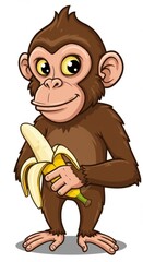 Naklejka premium A cartoon chimpanzee holds a banana, displaying a cheerful expression.