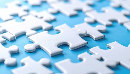 Scattered white jigsaw puzzle pieces on a vibrant blue background. Focus on a centered piece, the others fading into the background. Puzzle concept