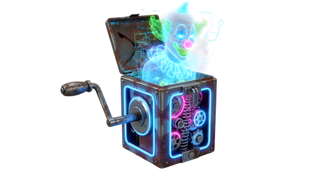 Surprise jack-in-the-box reveals glowing holographic clown with intricate gears and neon lights