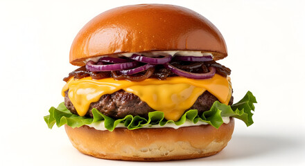 A delicious gourmet cheese burger with melted cheddar, red onions, and a brioche bun on a white background.