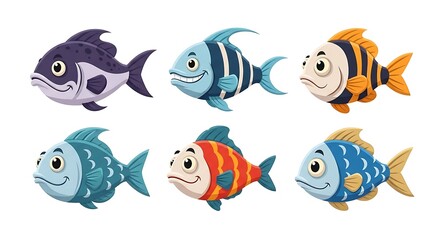 Fototapeta premium 6 different funny expresion cartoon fish characters, isolated on white background.
