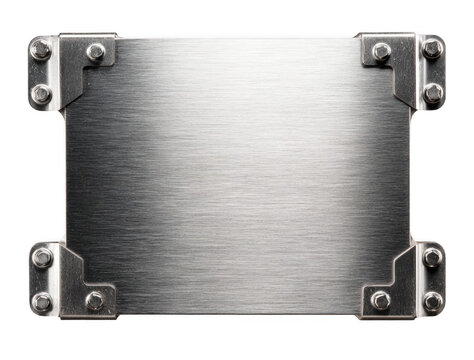Close-up of a rectangular brushed metal plate with reinforced corner brackets and bolts