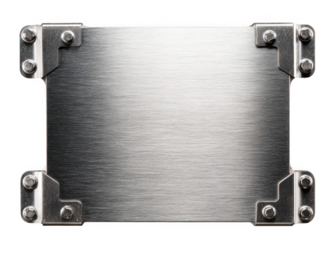 Close-up of a rectangular brushed metal plate with reinforced corner brackets and bolts
