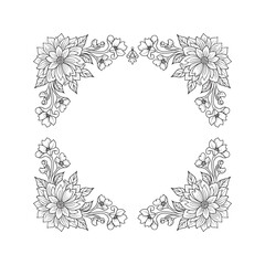 Elegant floral frame with hand-drawn flowers and leaves. Black and white line art border for wedding invitations, greeting cards, or coloring pages.
