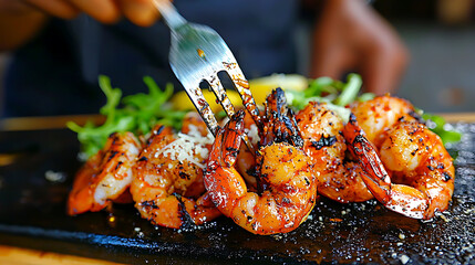 Grilled shrimp marinated in olive oil and lemon, served on black stone plate with fresh greens, creating delicious and vibrant dish
