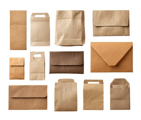 Organized array of various kraft paper envelopes and bags