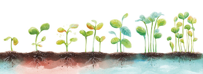 Growing plants from seed.  A row of stylized seedlings in various stages of growth, from tiny sprouts to more developed plants, showing progression from seed to growth.  