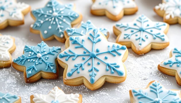 Snowflake sugar cookies with white and blue icing are scattered on a white surface dusted with powdered sugar, creating a festive holiday scene