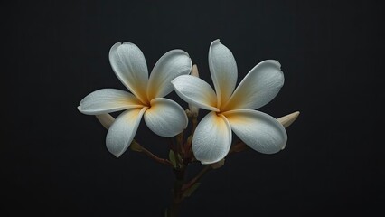 Fototapeta premium Two white blossoms on a deep black background, creating a striking visual contrast and drawing attention to their form generative ai