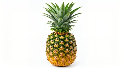 Fototapeta premium A single fresh ripe whole pineapple with a vibrant green leafy crown standing upright against a clean white background.
