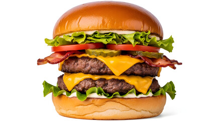 Appetizing Double Bacon Cheese Burger Isolated on White Background for Restaurant Menu