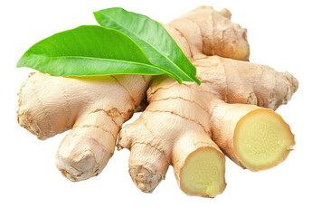 Fototapeta premium Close up, Fresh ginger rhizome with sliced and green leaves isolated on white background.