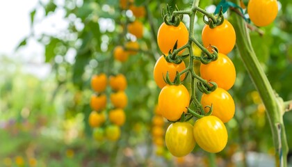 Ripe yellow cherry tomatoes on the vine