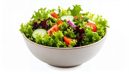 A bowl of fresh salad with lettuce, tomato, cucumber and onion.