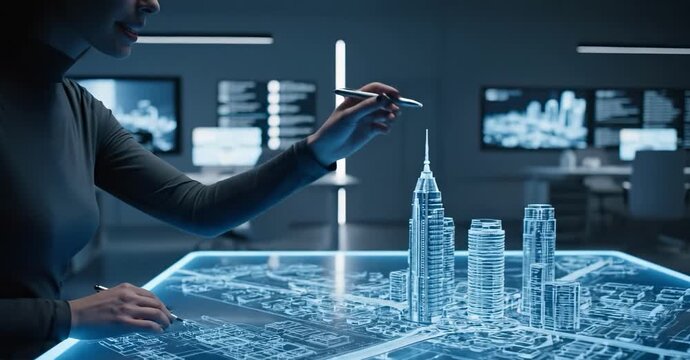 An architect brings architectural designs to life with 3D holographic construction models. The concept of innovation in architecture and futuristic design. Generative Ai.