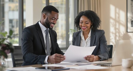 Happy business colleagues reviewing documents together