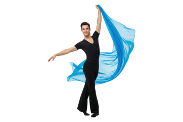 Graceful male ballet dancer posing with a flowing blue silk fabric.