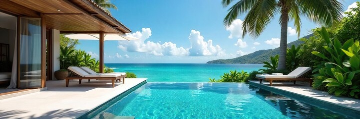 Naklejka premium Luxury villa holiday home with private pool, stunning ocean views, and lush tropical gardens Perfect for a relaxing getaway , property, interior, rental