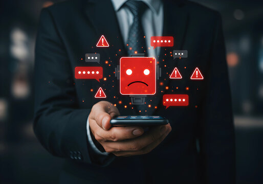 Concerned robot face icon with warning symbols and speech bubbles hovering over a smartphone held by a person in a suit, representing cyber security or technical issues