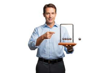 Businessman explaining a concept of physics with a Newton's cradle.