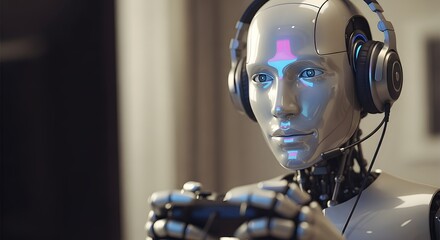 Robot gamer immersed in virtual reality, wearing headphones and holding controller, futuristic gaming and entertainment.  