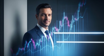 Confident businessman with financial chart overlay, symbolizing investment expertise and market analysis, for prosperity and wealth creation.