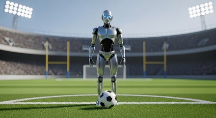 Futuristic soccer star: A sleek robot stands ready on the field, ball at its feet, poised for the ultimate game of skill and strategy.