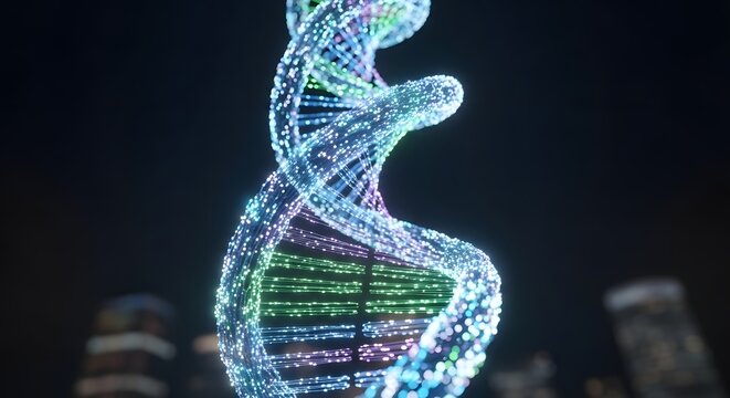 Futuristic DNA Strand: A luminous digital DNA helix against a dark cityscape, symbolizing science and technology. - Powered by Adobe