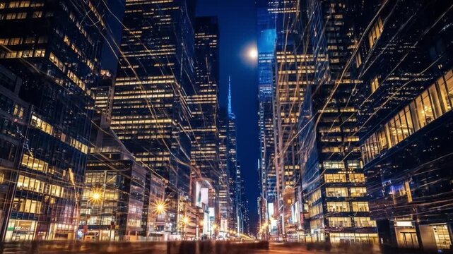 A night city view with highrise buildings lights and blurred street movement